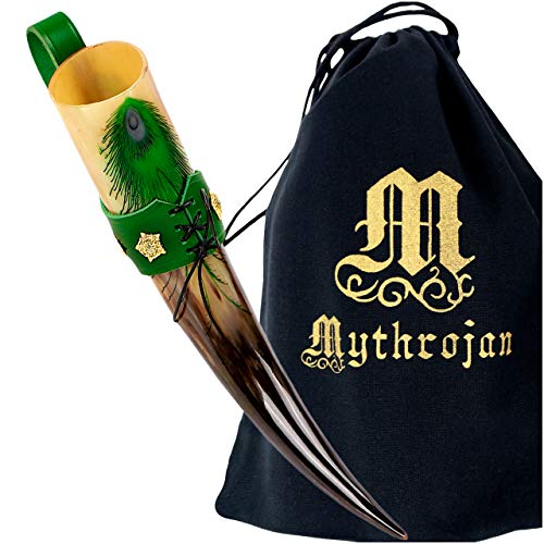 Mythrojan THE LADY OF HIGH GARDEN - Viking Drinking Horn with Green Leather holder Authentic Medieval Inspired Viking Wine/Mead Mug - Polished Finish