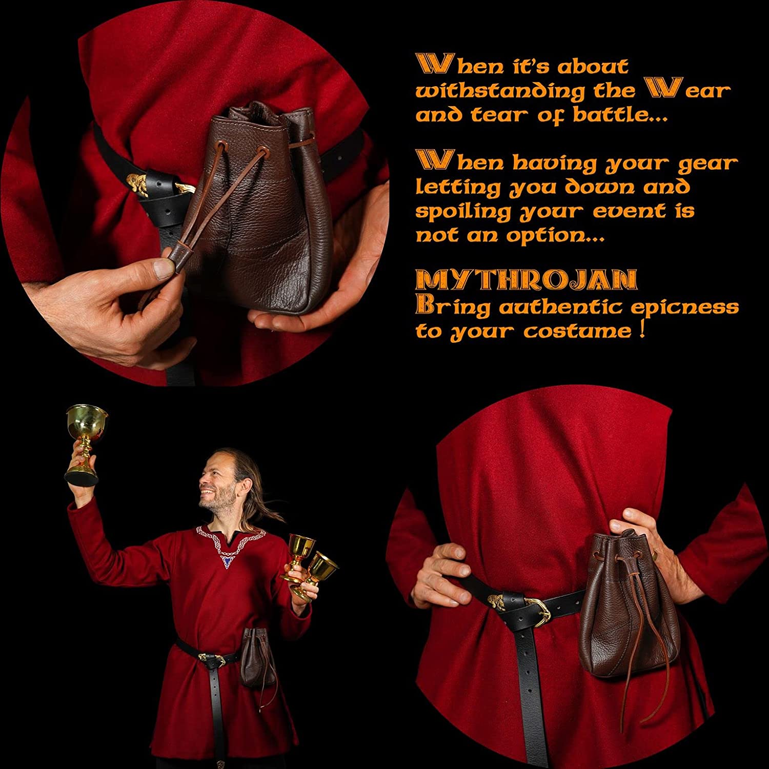 Mythrojan Medieval Drawstring Bag, Ideal for SCA LARP Reenactment &amp; Ren Fair-Full Grain Leather, Brown 8.5&quot; - Large