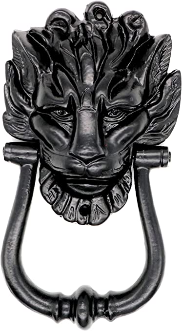 Mythrojan Black Powder Coated Lion Head Front Door Artisan Made Antique Knocker