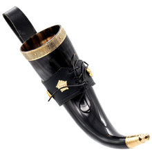 mythrojan-the-lady-of-high-garden-viking-drinking-horn-with-black-leather-holder-authentic-medieval-inspired-viking-wine-mead-mug-polished-finish