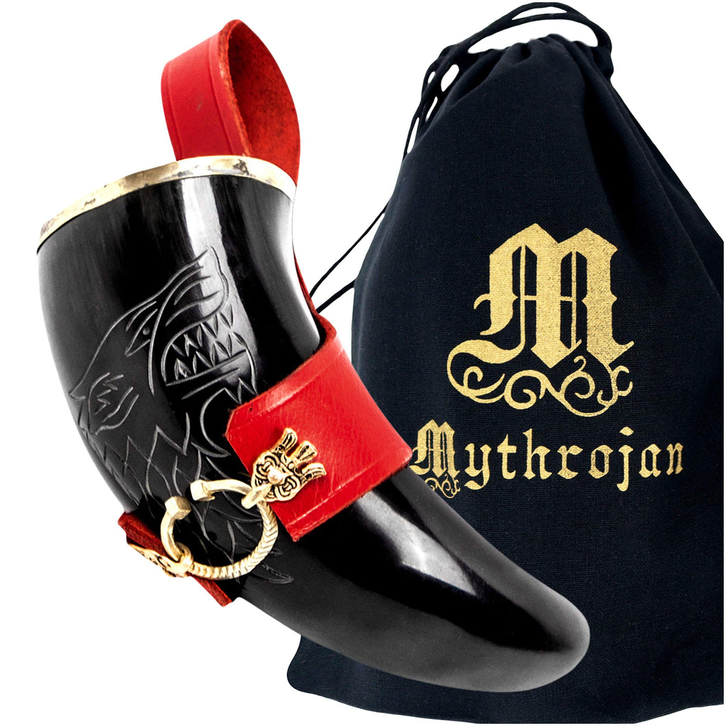 Mythrojan WARRIOR FROM THE NORTH - Viking Drinking Horn with Red Leather holder Authentic Medieval Inspired Viking Wine/Mead Mug - Polished Finish