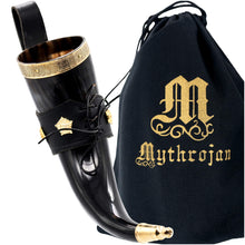 mythrojan-the-lady-of-high-garden-viking-drinking-horn-with-black-leather-holder-authentic-medieval-inspired-viking-wine-mead-mug-polished-finish