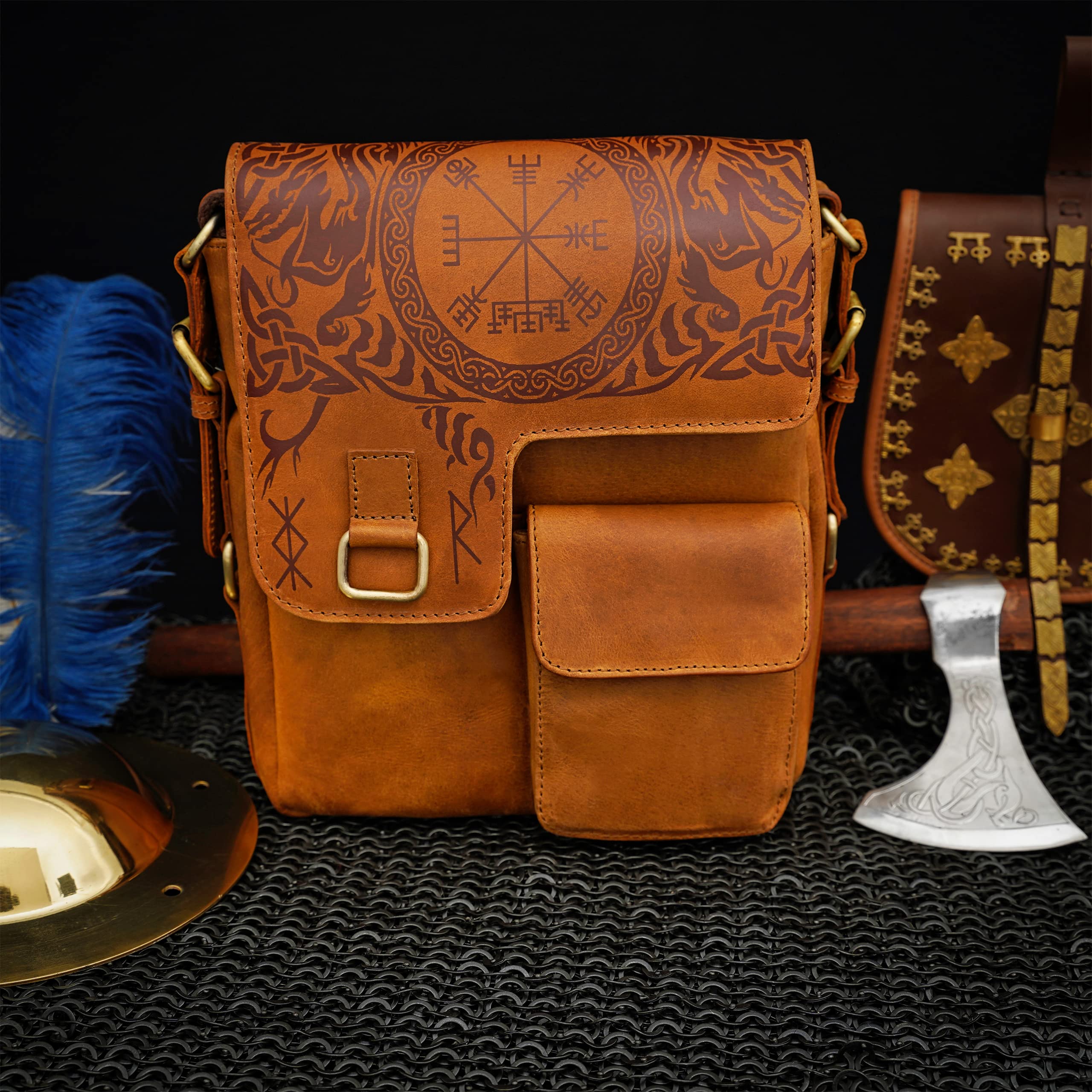 Mythrojan URBAN VIKING SATCHEL REAL LEATHER Messenger bag Vintage Celtic iPad Tablet Bag Cross Body Shoulder Bag