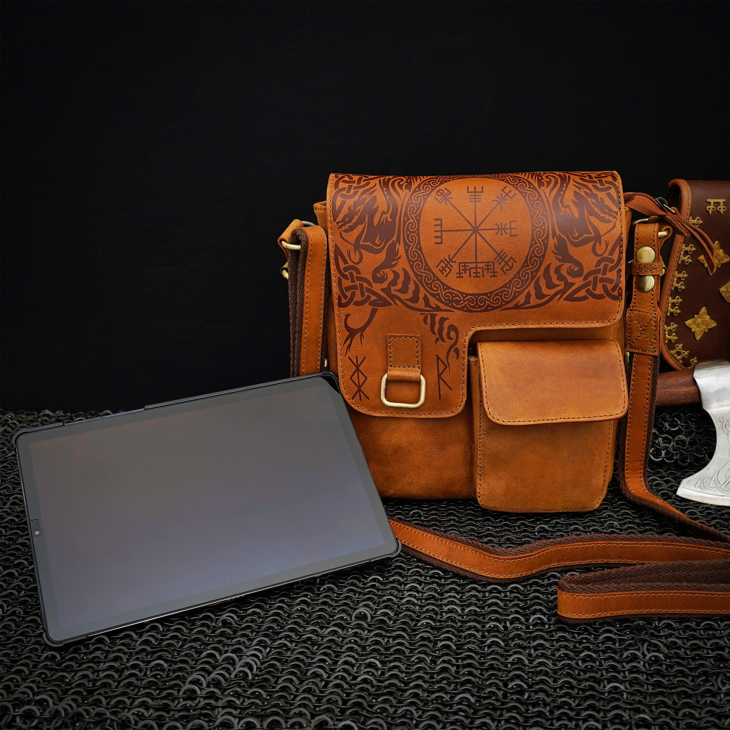 Mythrojan URBAN VIKING SATCHEL REAL LEATHER Messenger bag Vintage Celtic iPad Tablet Bag Cross Body Shoulder Bag